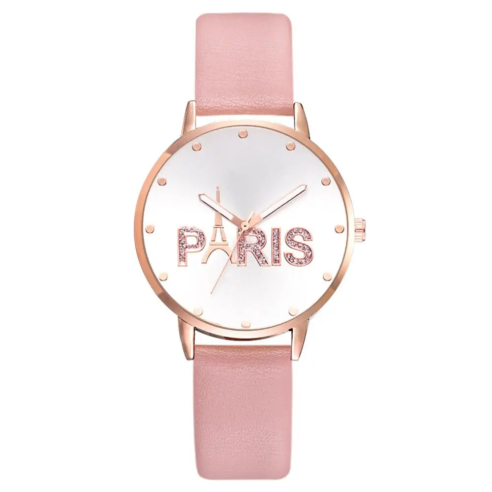 Relogio женские часы дизайн Парижа Роскошные модные женские кварцевые часы с кожаным ремешком наручные часы женские подарки часы Reloj Mujer - Цвет: Розовый