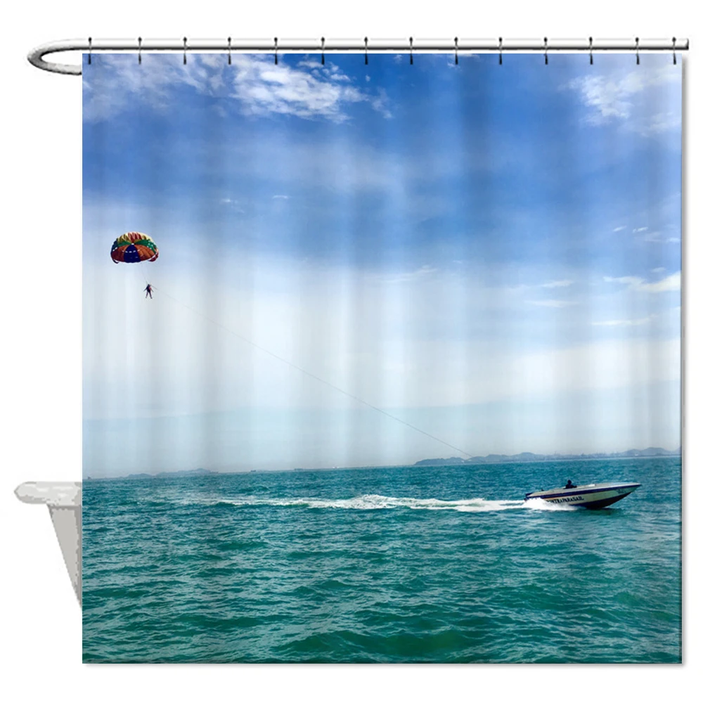 Blue Sky Sea Boat Shower Curtain High Quality Polyester Fabric Curtain
