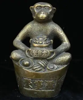 

free shipping China Feng shui Bronze Wealth Yuan bao treasure bowl Zodiac Year Monkey Statue