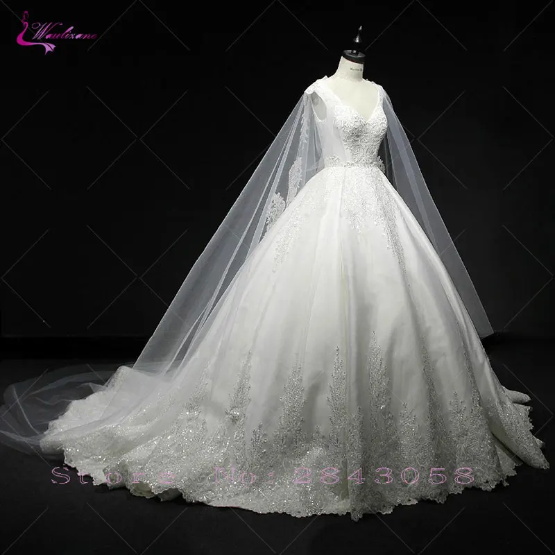 Waulizane Shiny Beading Embroidery Lace V Neck Ball Gown Wedding Dress
