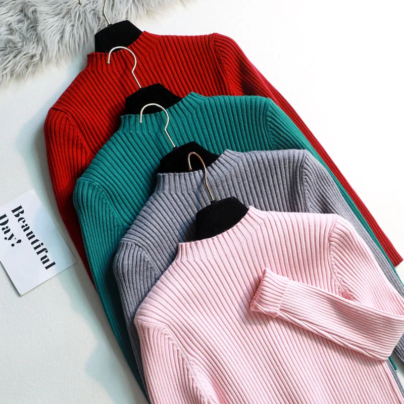 

casual Autumn Winter Basic Sweater pullovers Women high Neck Solid Slim thick sweater female Long Sleeve warm knit top