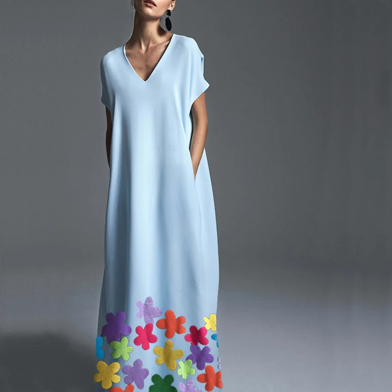 

Casual Printed Boho Maxi Woman Dress Short Sleeve V Neck Vintage Beach Dresses Loose Summer Party Vestido