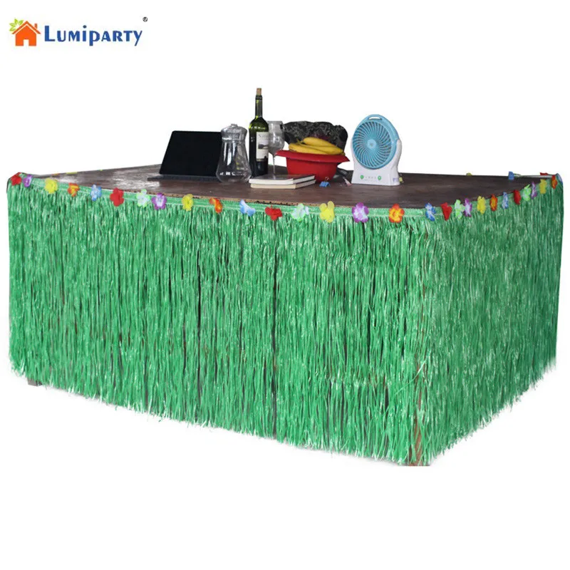 LumiParty PP Artificial Grass Table Skirt Flower Inlaid Hawaiian