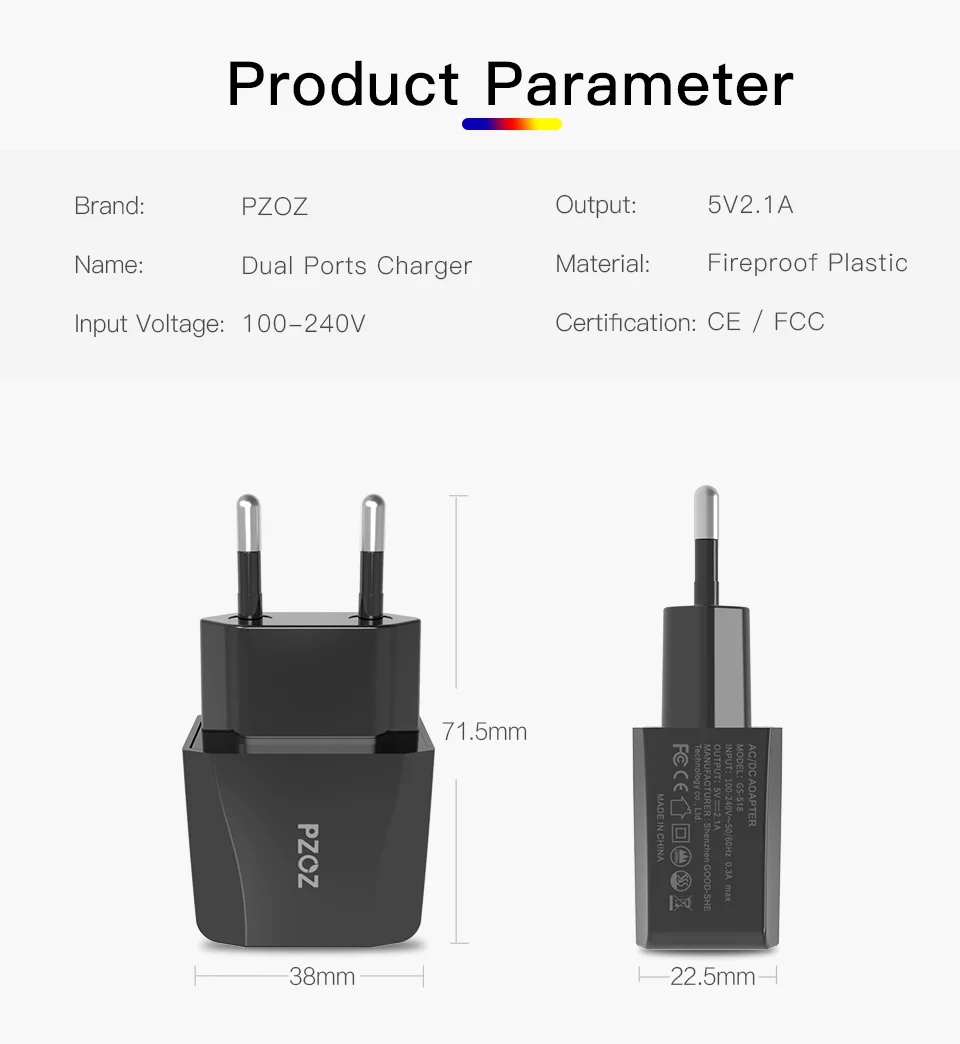 PZOZ Адаптер зарядного устройства с двойным Usb 2a 5v Портативное зарядное устройство для путешествий Usb Smart Mobile Phone Eu Plug для iphone ipad samsung Xiaomi 9