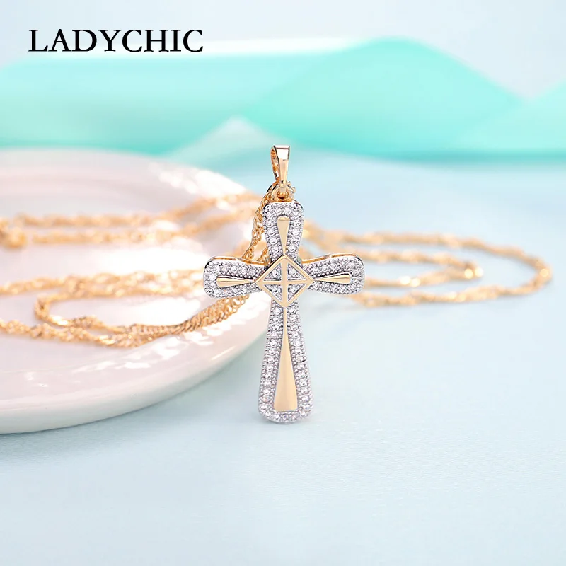 LADYCHIC Gold Color Cross Pendant Necklaces for Woman Trendy Cubic Zirconia Crystal Necklace Jewelry Christian Catholic Bijoux