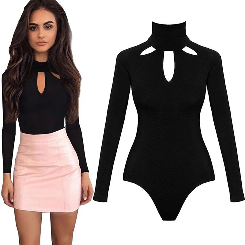 Ofertas Especiales Body de moda para mujer, trajes de cuerpo para mujer, mameluco Sexy negro con cuello simulado, manga larga, mono con espalda hueca, mono de primavera 2019 znKLdXoL