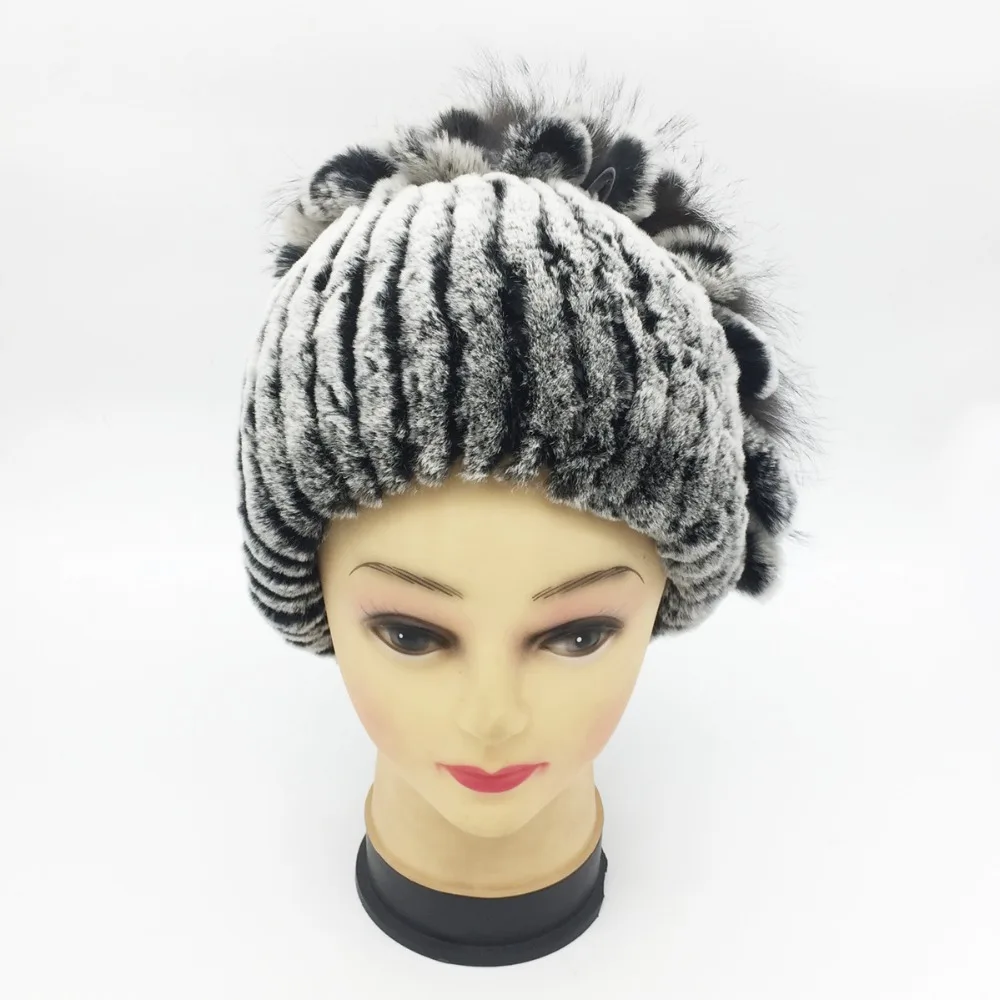 Женская зимняя трикотажная Шапка бини из натурального меха кролика|knitted cap|rex rabbit