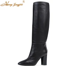 Женские зимние черные теплые сапоги до колена на молнии с круглым носком на высоком каблуке для женщин женская обувь размера плюс 4-16