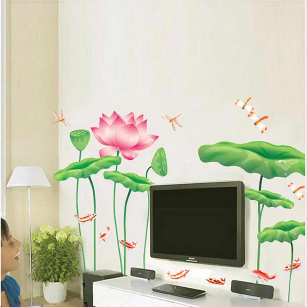 

Free shipping Living room bedroom sofa TV background decoration wall sticker lotus stickers