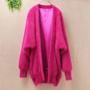 

Lady women winter oversized thicken warm plush mink cashmere cardigan long bat wing sleeves loose angora fur sweater coat mantle