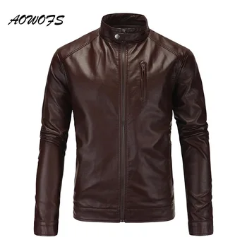 

AOWOFS Classic Mens Leather Jackets Brown Biker Jackets and Coats Men Stand Collar Spring Male Motorcycle Jackets Plus Size 5XL