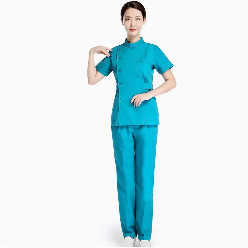 Женская медицинская униформа, скраб, набор одежды для больниц, тонкая, подходит для зубов, скрабы для салона красоты, униформа медсестры, регулируемый пояс, топ+ штаны - Цвет: lake blue set