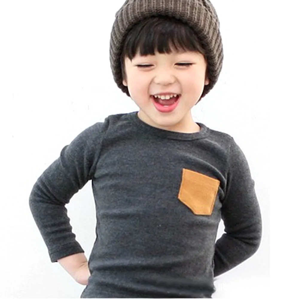 

Autumn Baby Kids Long Sleeve Crewneck T-shirt Pocket Decor Boy Girl Shirt Clothes 2-7 Years Hot Sale