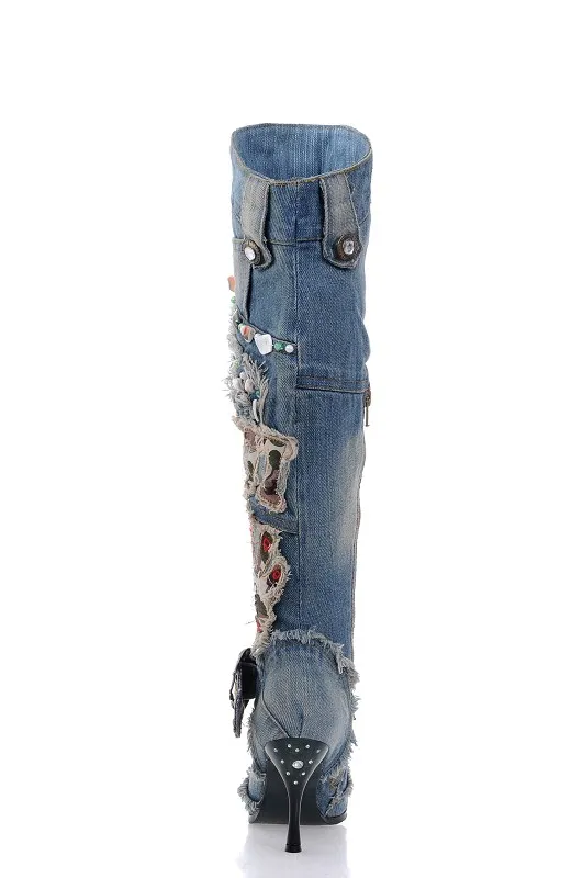 High Quality Women Wash Denim Beaded High Heel Knee Length Boots Thin Heel Motorcycle Jeans Boots Real Photo Free Ship
