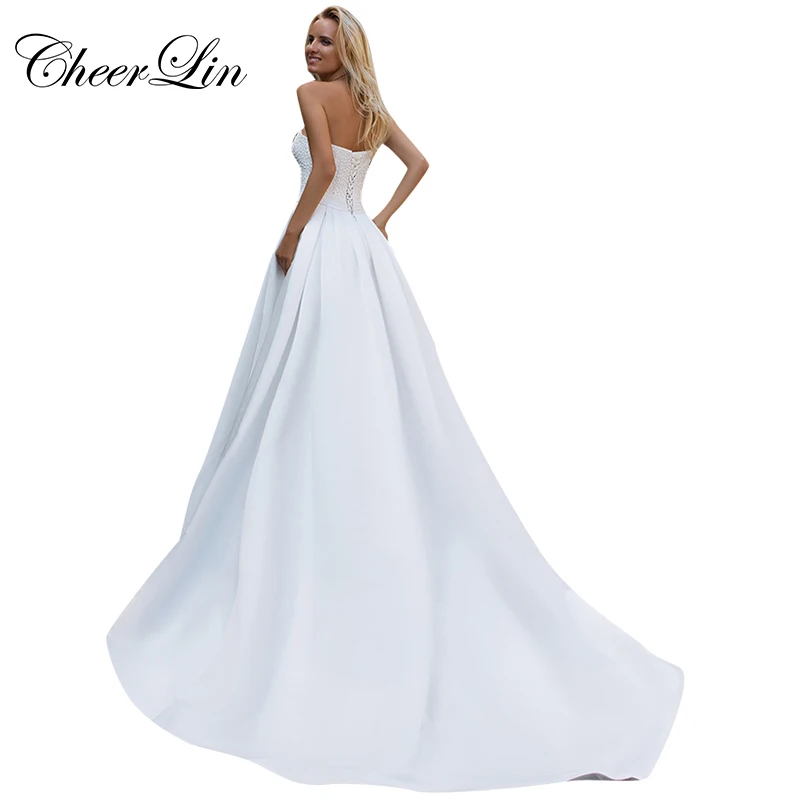 Strapless A Line Wedding Dresses White Satin (3)