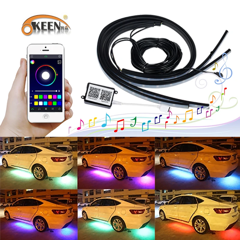 

OKEEN 4x Phone APP Control RGB LED Car Underglow Body Knight Rider Light Sound Music Active LED Strip Decorative Atmosphere Lamp