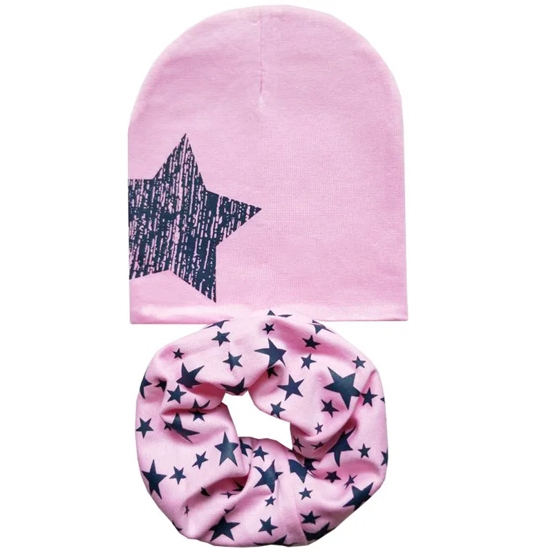 Детский комплект с шапочкой для мальчиков и девочек, шарф с воротником, осенне-зимний теплый шейный платок, детские вязаные шапки, комплекты, хлопковая детская шляпа, шарф - Цвет: Pink small star set