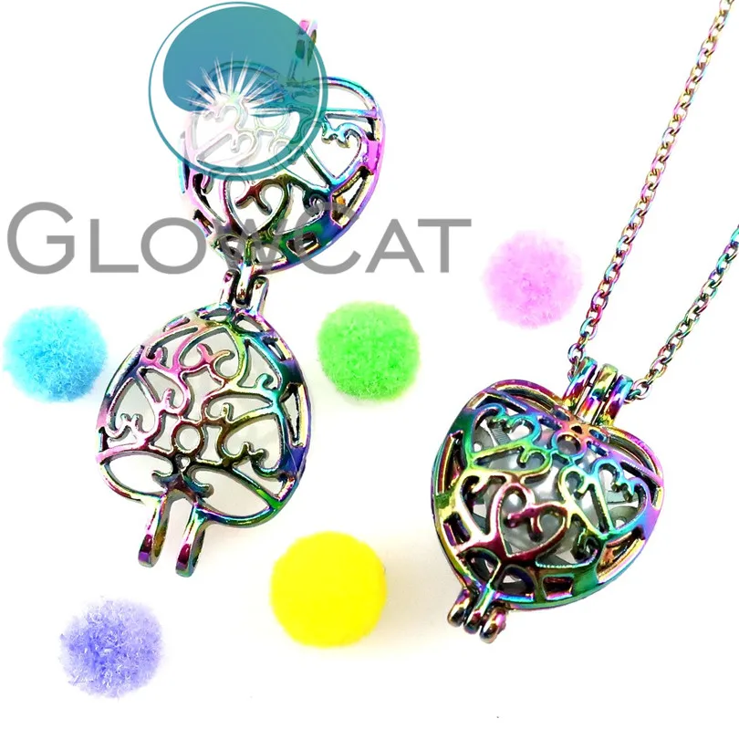 C9 Rainbow color Multi Heart Beads Cage Diffuser Locket Stainless Necklace 18"