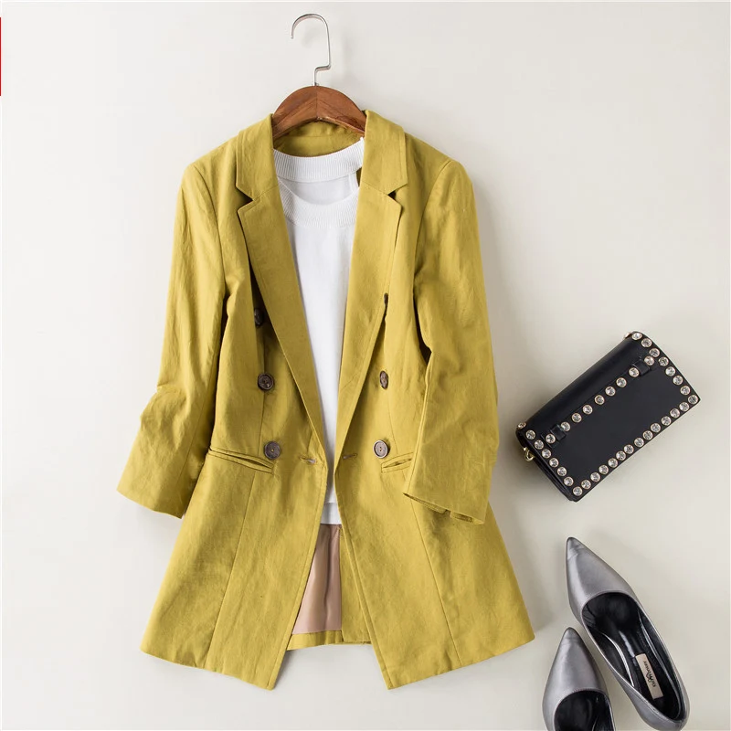 

Spring Autumn Women black Blazer Double-Breasted linen suit Pockets OL Work Office Suits Pure color Outwear linen suit