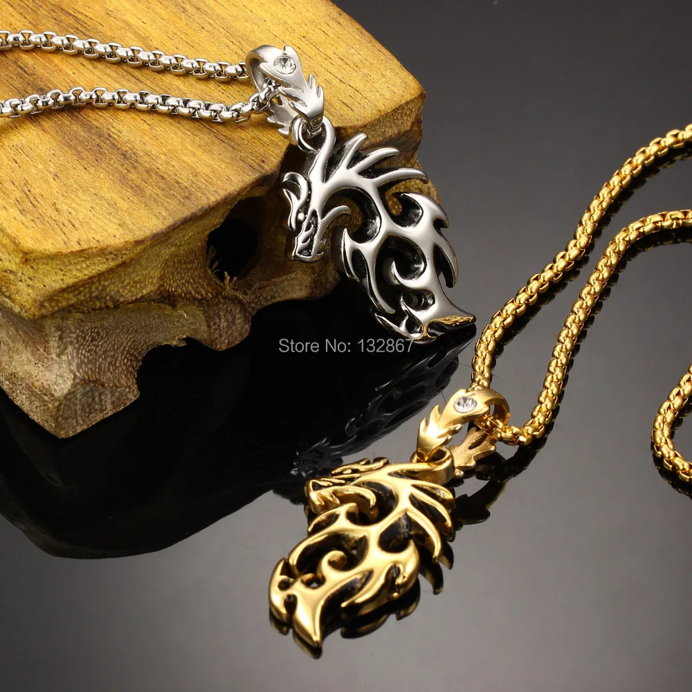 

Silver / Gold Biker dragon Stainless Steel Casting Pendant Rolo Chain Men Necklace