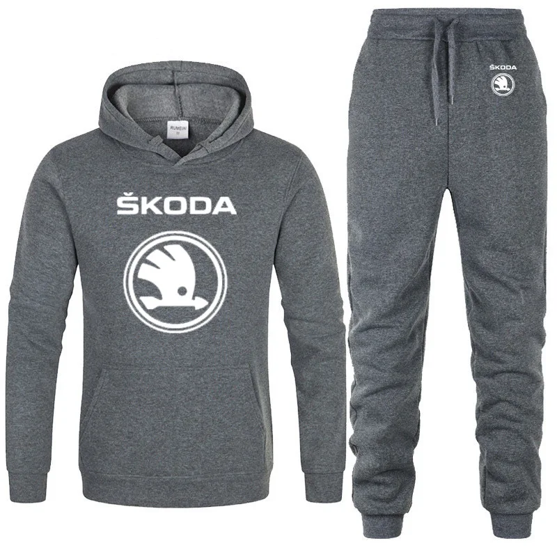 Hoodies Men Skoda Car Logo Printed unisex Sweatshirt Fashion Men Hoodie hip hop harajuku Casual Fleece Hoodies Pants Suit 2Pcs