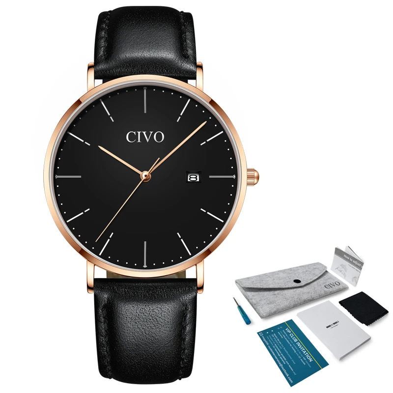 

CIVO Top Brand High Quality Fashion Womens Simple Watches For Men Genuine Leather Quartz Wristwatch Waterproof Watch Clock