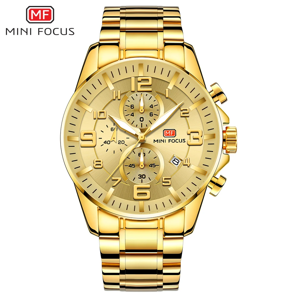 MINIFOUCS Watch Men Gold Steel Strap Sport Quartz Watches Top Brand Luxury Analog Waterproof Mens Fashion Chronograph WristWatch