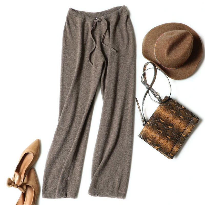 

100%goat cashmere knit women new fashion wide leg pants sashes high waist EU size M/L dark grey 4colors