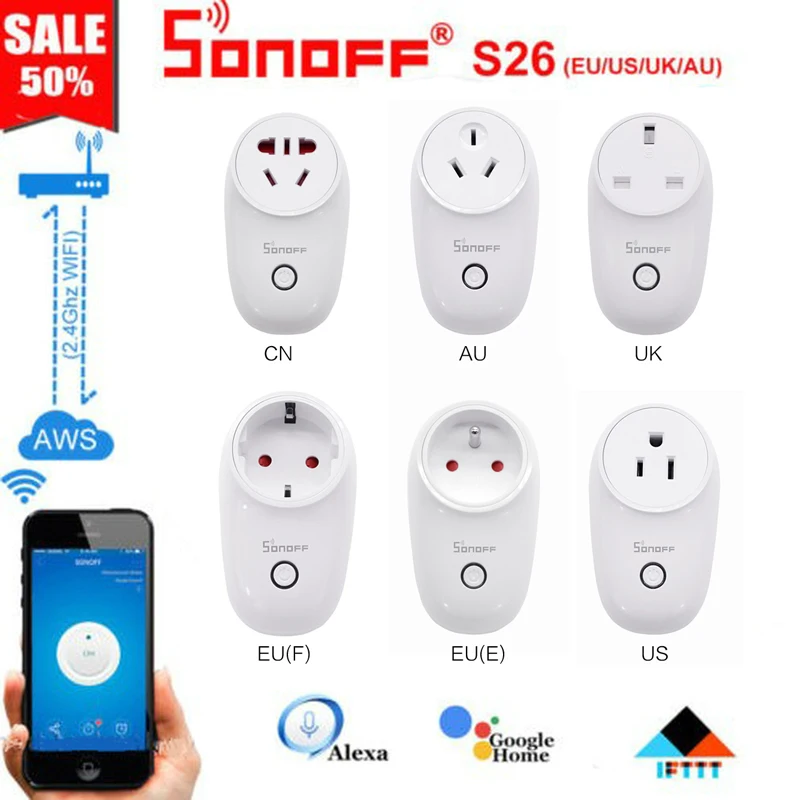 Sonoff S26 Базовая WiFi умная розетка AU/CN/EU/UK/US Беспроводная вилка умный дом переключатель питания розетки работают с Alexa Google Assistant