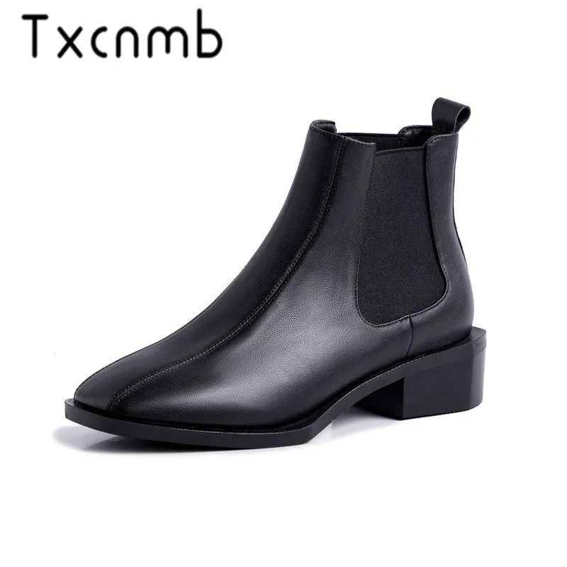 

TXCNMB Top Quality Genuine Leather Ankle Boots for Women Round Toe Slip on Autumn Winter Boots Women Shoes Woman Black