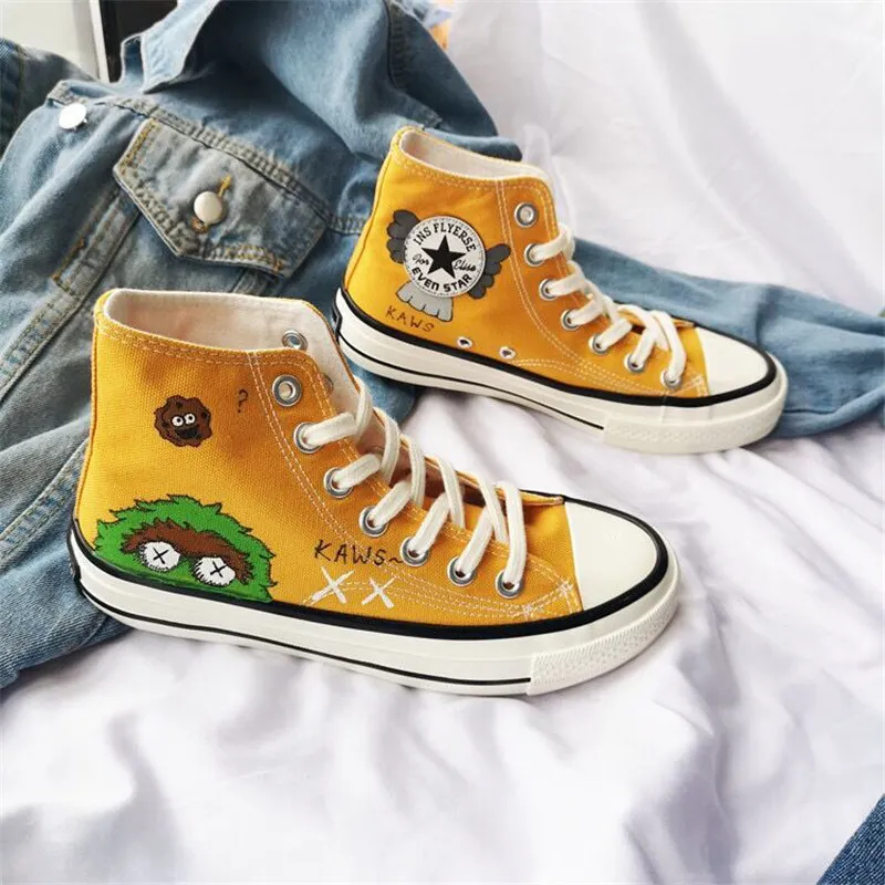 

Women Canvas Shoes High top Sneakers White Japan Cartoon Hand Painting Flat Vulcanized Shoes Women Casual espadrilles mujer 2019