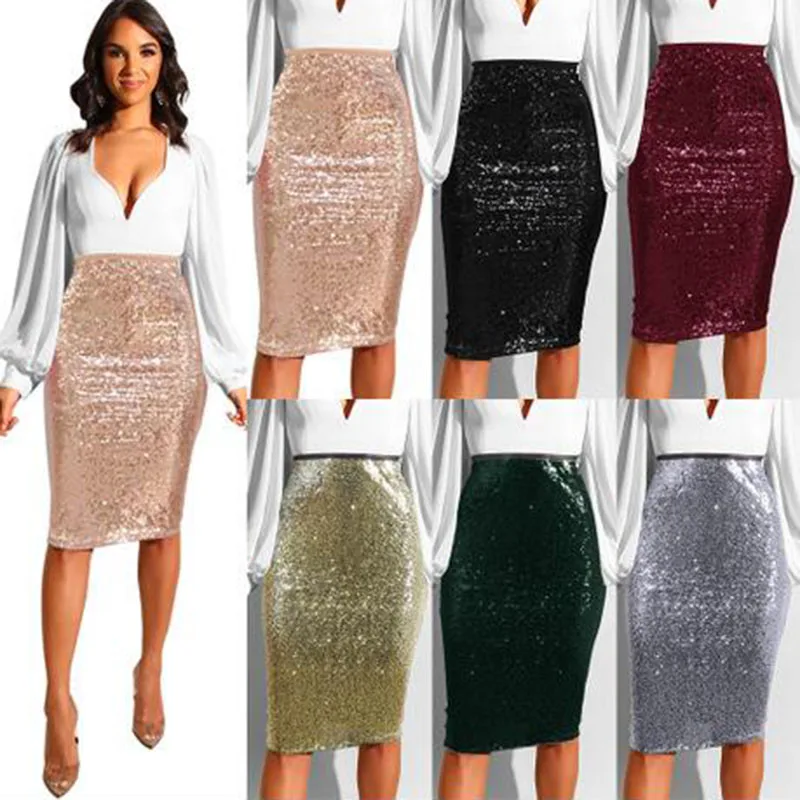 

office top Quality Women Green Sequin Zipper Midi Skirt Package Hip Slim Skirt Femininas Elegant Ladies Party Wear Sexy