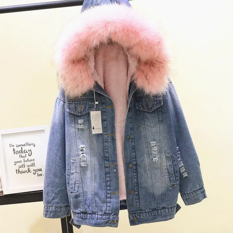 Зимняя свободная Большая Меховая Женская парка с капюшоном, Толстая теплая длинная джинсовая куртка из овечьего меха, зимняя женская куртка, меховые джинсы, куртка - Цвет: blue pink fur