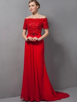 

Real Red Sheath Off The Shoulder Mother Of The Bride Dresses Long Lace Chiffon Sleeves Mother's Formal Gowns For Wedding