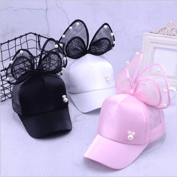 

Fashion Big Bow Baseball Caps Summer Kids Cute Rabbit Ear Pearl Bow Hats Women girls Adjustable Sun Cap Princess Mesh Cap 2019