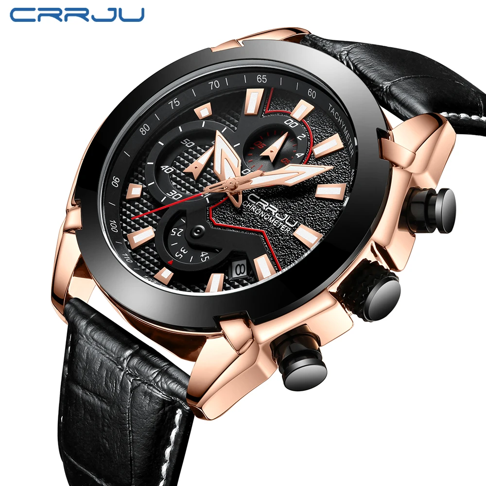 

Men's Chronograph CRRJU Analog Quartz Watch Fashion Casual Business Wristswatch with Date Luminous Hands for Man Leather Clock