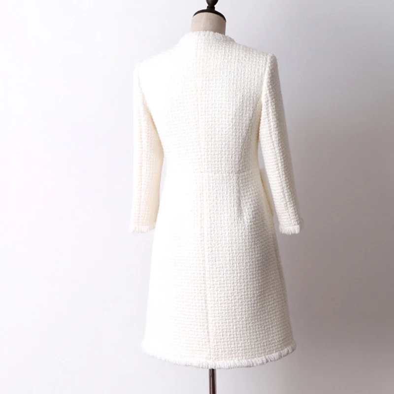 low cost White wool tweed jacket in the long section of autumn and winter Women's Coat new seven-point sleev