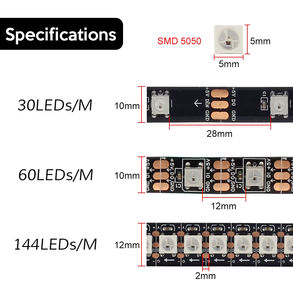 WS2812B Светодиодные ленты 5050 RGB 5 V 30/60/144 светодиодный Пиксели ws2812 IC адресуемых Цвет RGB Светодиодные ленты свет IP30 IP65 IP67 Водонепроницаемый