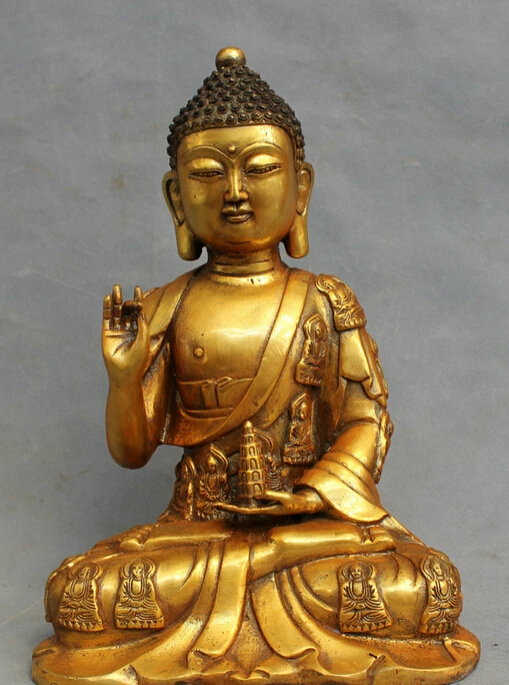 

S3036 12" Tibet Bronze Gilt Buddhism Shakyamuni Sakyamuni Buddha Hold Stupa Statue D0318