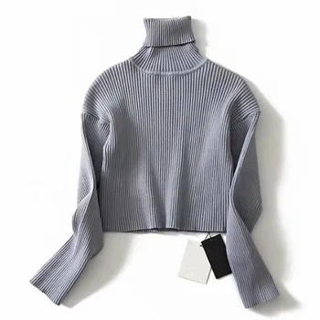 

2018 Autumn Women Striped Line Turtleneck Sweater Vintage High Collar Exposed navel Short Pullover Knitwear Jumper Tops Sexy