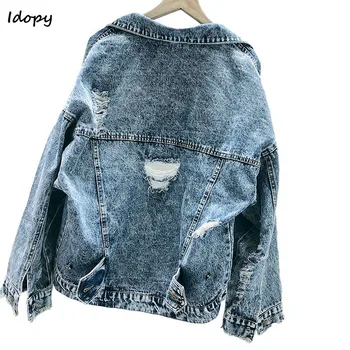 

Idopy Women`s Denim Jacket Ripped Distressed Street Designer Hole Loose Boyfriend Style Vintage Loose Fit Jean Coat Outerwear