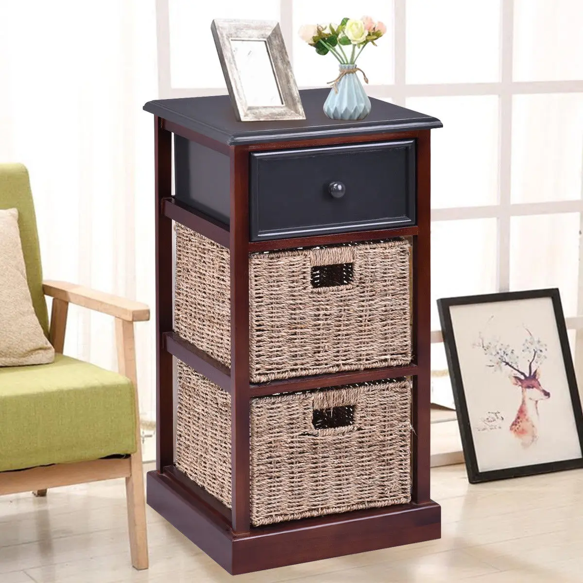 Giantex 3 Tiers Wood Nightstand with 1 Drawer 2 Baskets Modern Bedside End Table Organizer Brown Bedroom Furniture HW56724 Giantex 3 Tiers Wood Nightstand with 1 Drawer 2 Baskets Modern Bedside End Table Organizer Brown Bedroom Furniture HW56724