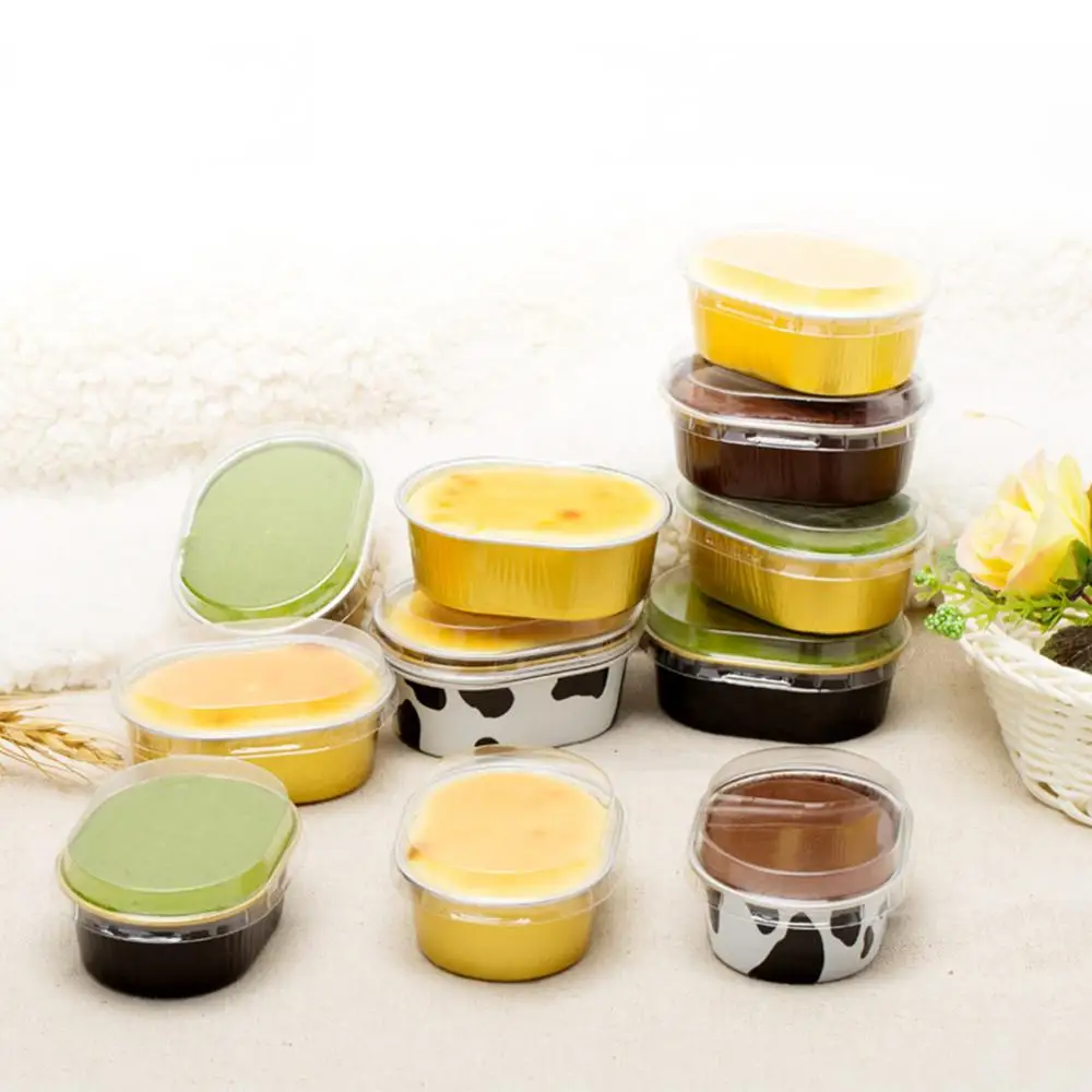 

Useful 100Pcs Disposable Aluminium Baking Cups Multi-color Creme Brulee Dessert Oval Shape Cupcake Cups With Lids Cake Egg Tools