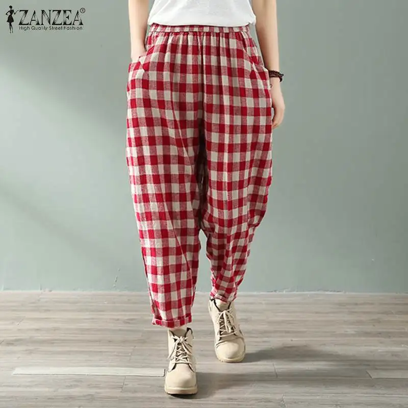 

Vintage Plaid Check Harem Pants ZANZEA 2019 Women's Elastic Waist Trousers Causal Cropped Pants Female Pockets Pantalon Turnip