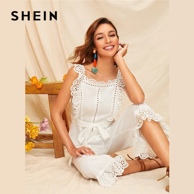 SHEIN Нарядные Летний Кружевной Комбинезон С Открытой Спинкой И Фестончатым Краем Кружевной Комбинезон Без Рукавов