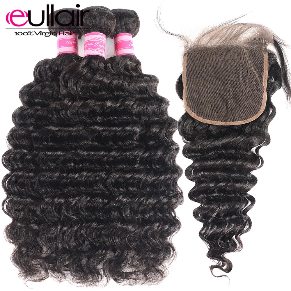 

Brazilian Deep Wave Hair Bundles With Closure eullair 4Pcs/Lot Human Hair Weave Bundles with Closure 4*4 Lace with Remy Hair