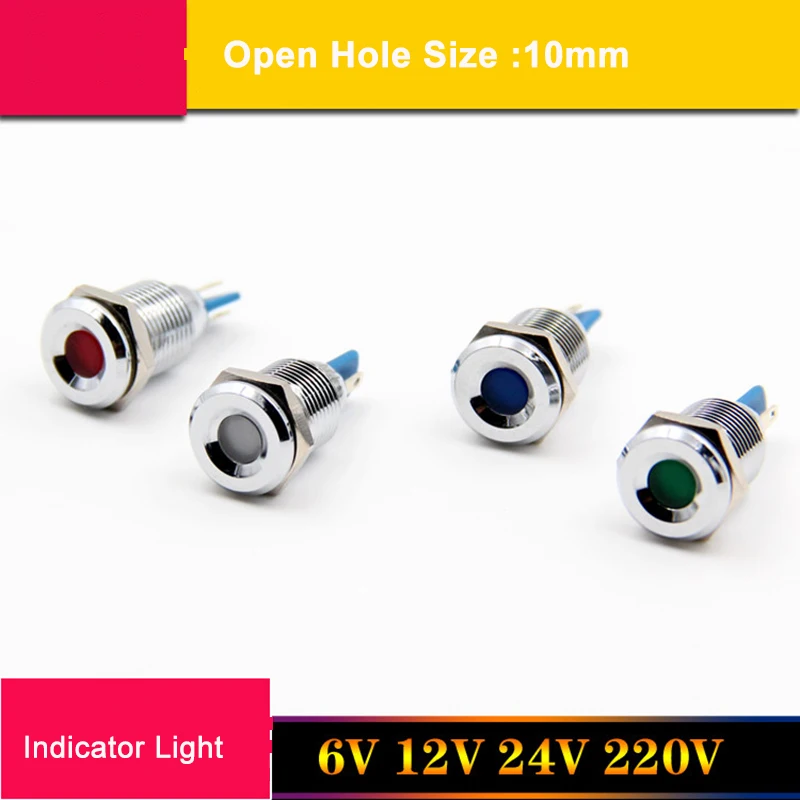 

10mm power indicator light 6V 12V 24v 220V Matel case LED indicator lamp Red Yellow Blue Green White