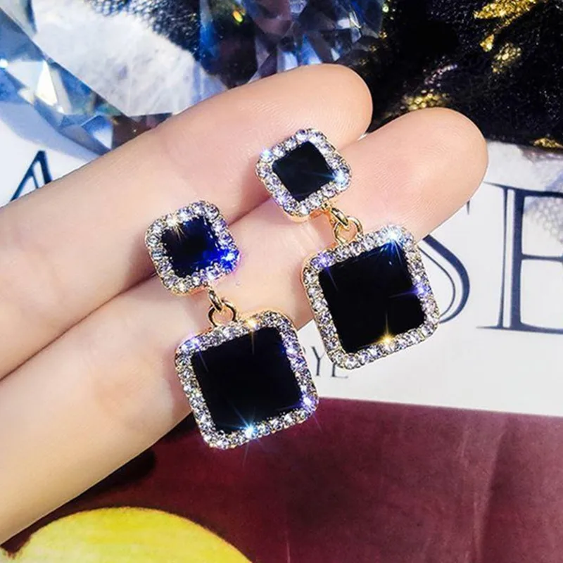 

2019 Statement Earrings Black Square Geometric Earrings For Women Crystal Luxury Wedding Rhinestone Earring Gold Color