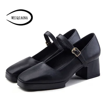 

WEIQIAONA New Woman Shoes Mary Janes High Heels Square Toe Shallow Buckle Strap Ladies Shoes Party Shoes Brand Design