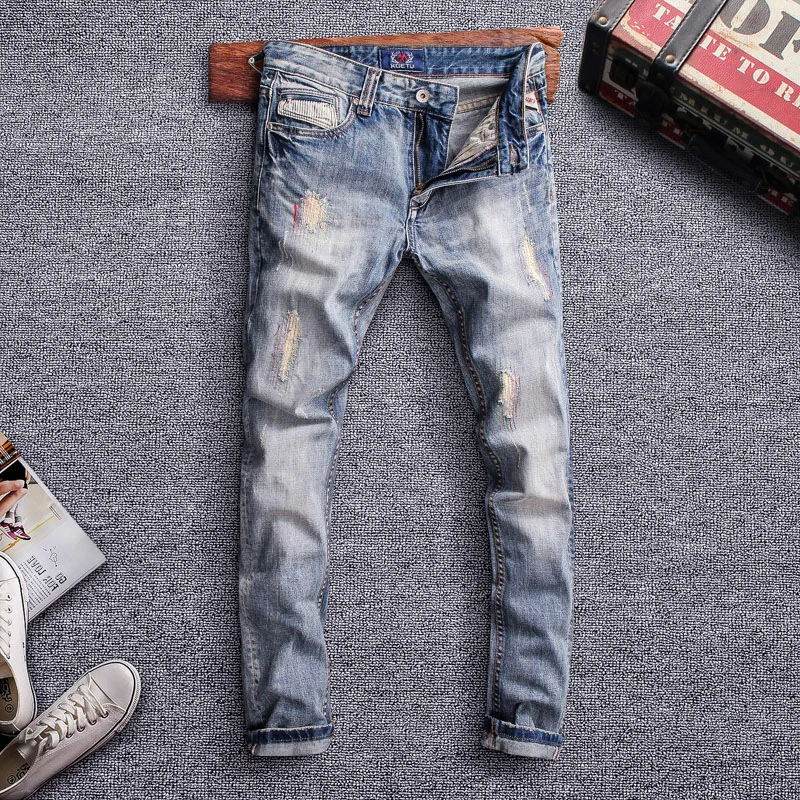 

Fashion Streetwear Men Jeans Light Blue Retro Vintage Ripped Jeans Men Embroidery Designer Patch Hip Hop Jeans Men Pencil Pants